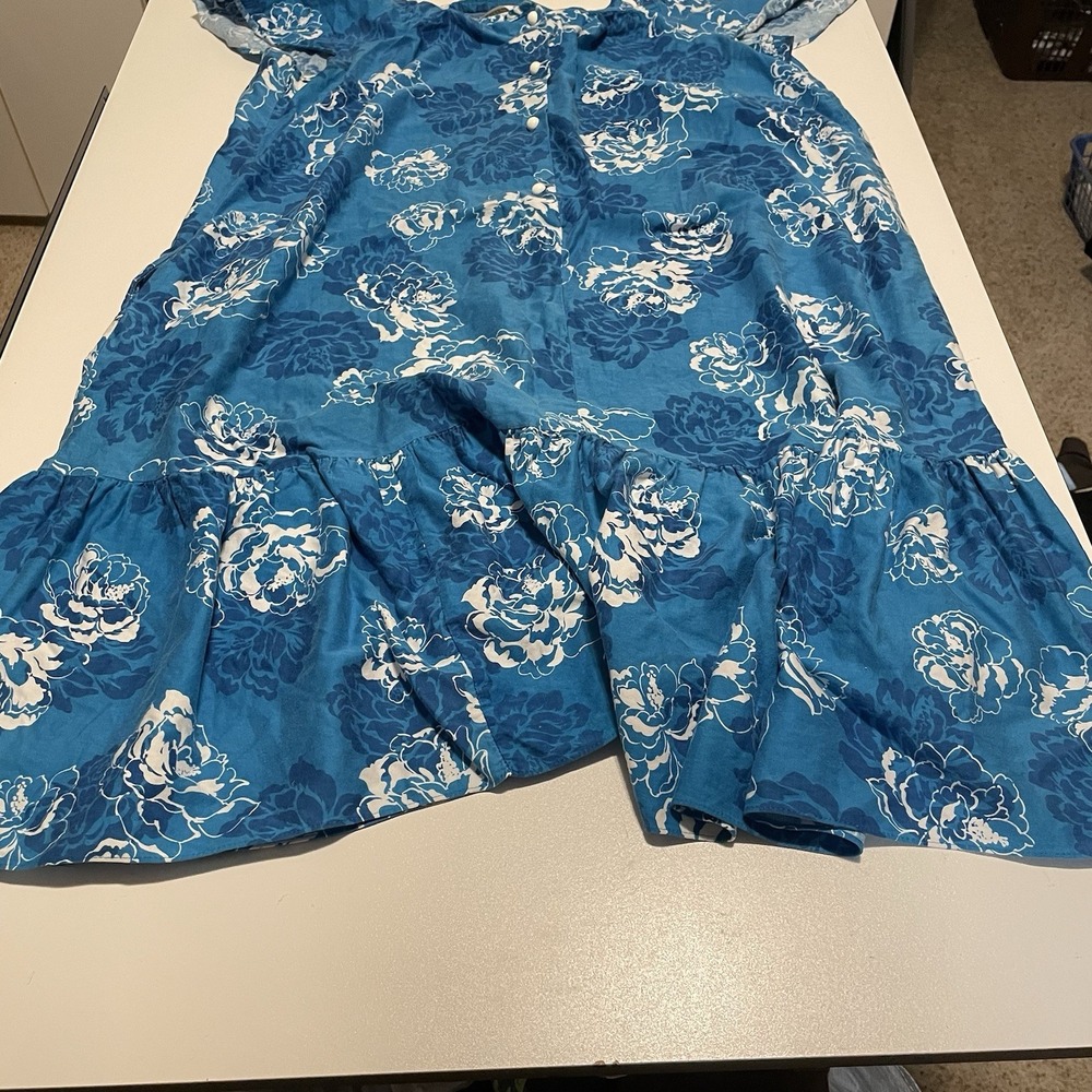 VTG Hilo Hattie Floral Dress Size L, Blue White Tropical Ruffle Muumuu , Hawaii - Picture 2 of 8